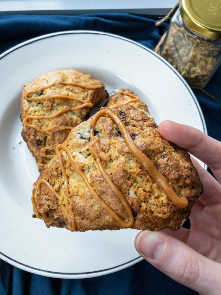 Blackberry chamomile scones with caramelized white chocolate