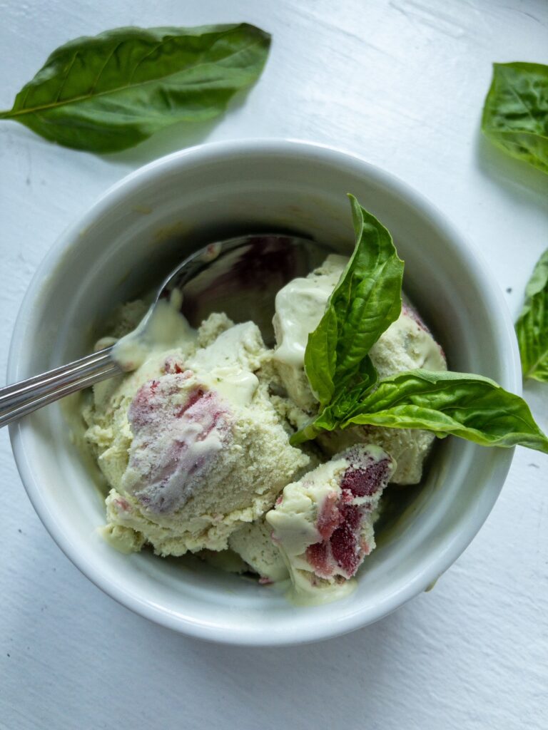 Roasted strawberry basil ice cream