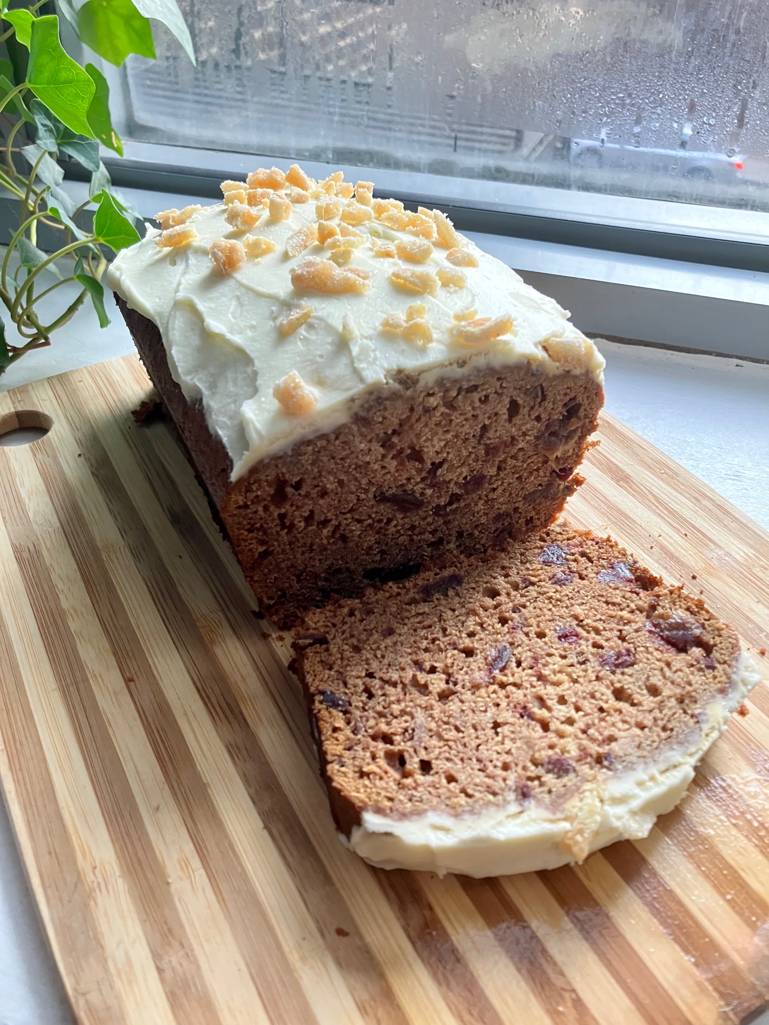 ginger date loaf cake sliced open