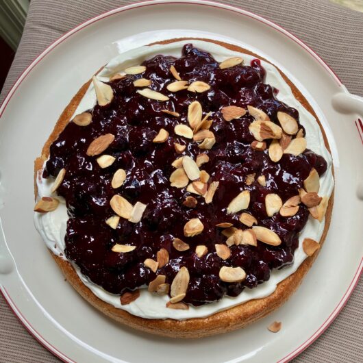 Lemon almond cake with blueberry sumac compote