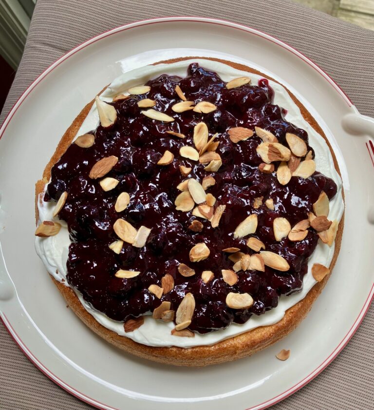 Lemon almond cake with blueberry sumac compote
